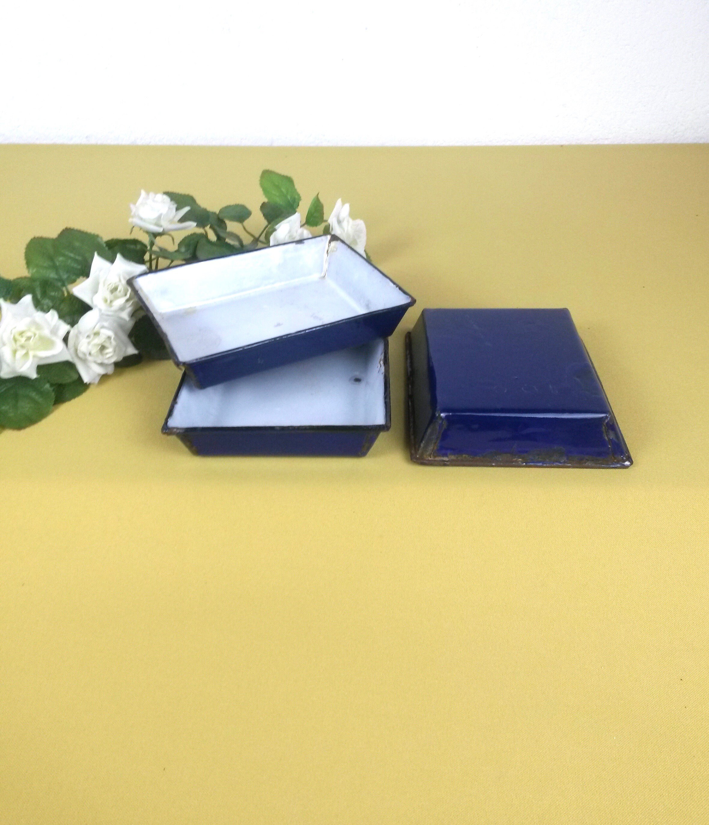 3 Petits Plats Rectangulaires de Four Émaillé Bleu Cobalt - Français Cuisine Émail Ensemble en Bleu