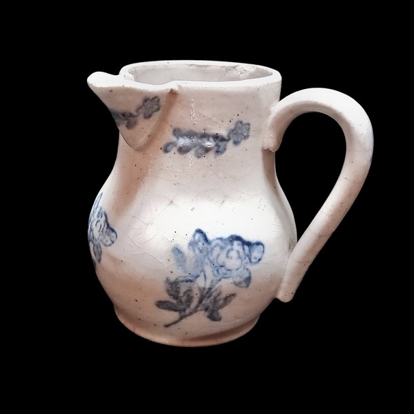 Antique Porcelain Pitcher - French Pottery - Hand Painted Blue and White Ceramic - Side Handle Ju -, Small Jug, circa 1930/1940s