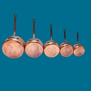 Set of 5 Antique Copper Casseroles - Quality Cooking Pots Copper - Primitive Kitchen - Copper Display Pots - French  Vintage Copper