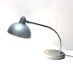 1940s Industrial Desk Lamp: Vintage Grey Metal Gooseneck Table Light
