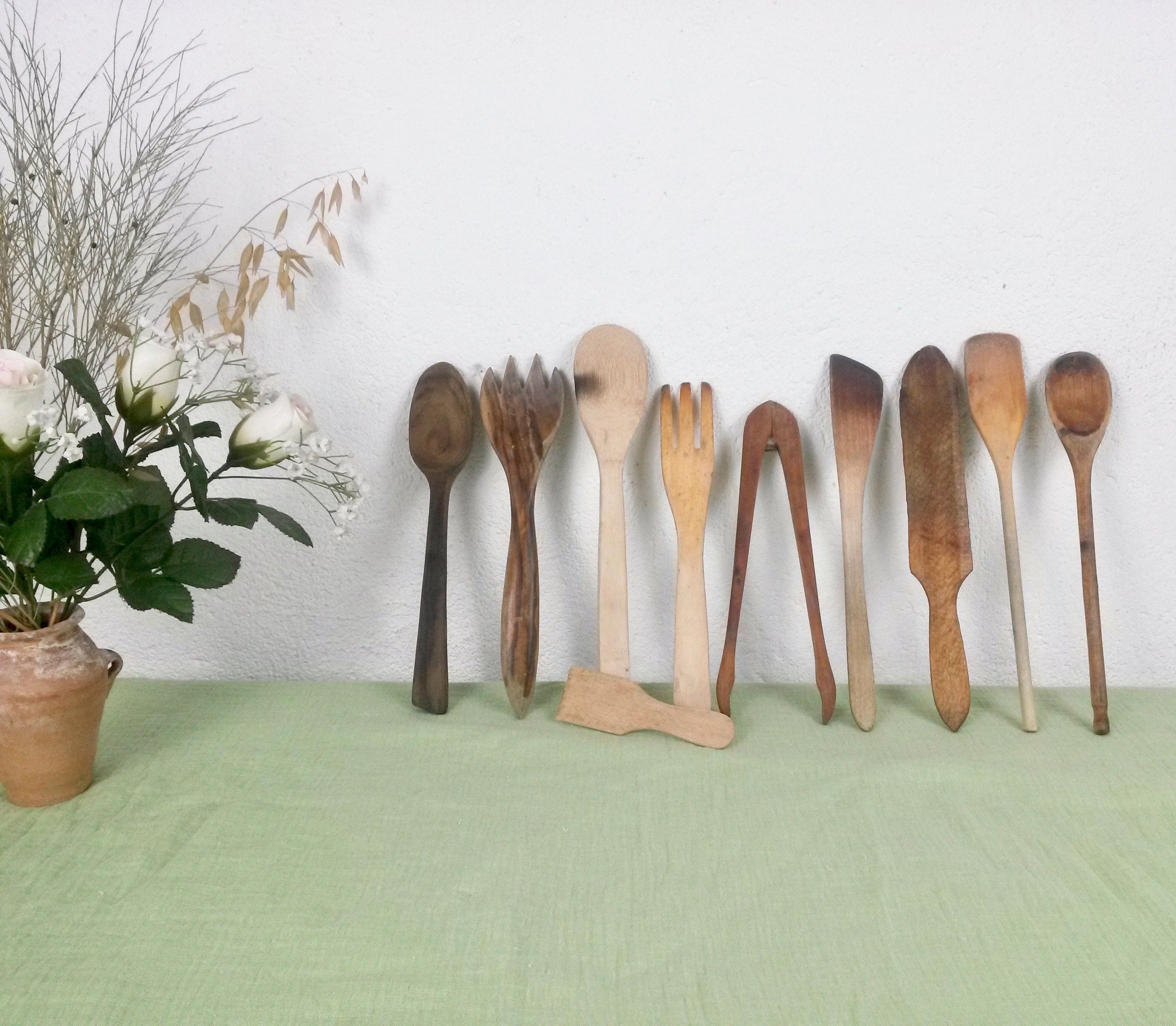 10 Lot d'ustensiles en Bois - Spatules de Cuisson Pinces Ustensile Cuisine Français Décor Ferme