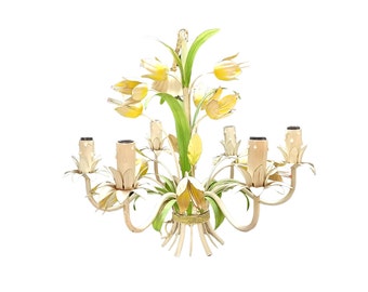 6 Branch Tole Chandelier - 1980 Floral Pendant Lighting - Yellow Tulips - Large Vintage Floral Ceiling Light - Chandelier Metal