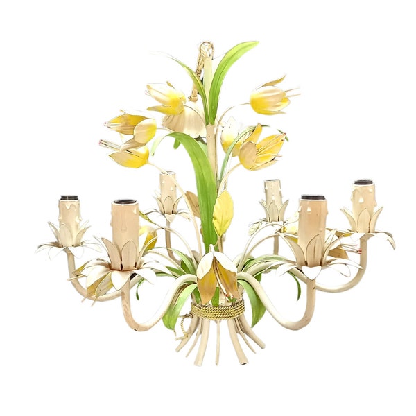 6 Branch Tole Chandelier - 1980 Floral Pendant Lighting - Yellow Tulips - Large Vintage Floral Ceiling Light - Chandelier Metal
