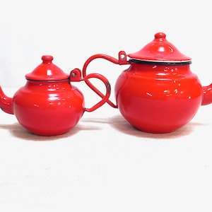 2 Piece Red Enamel Teapot Set - Enamel Teapots Red -  Vintage Red Interiors - Red Kitchen Decor - Mid Century Enamel Kitchenware