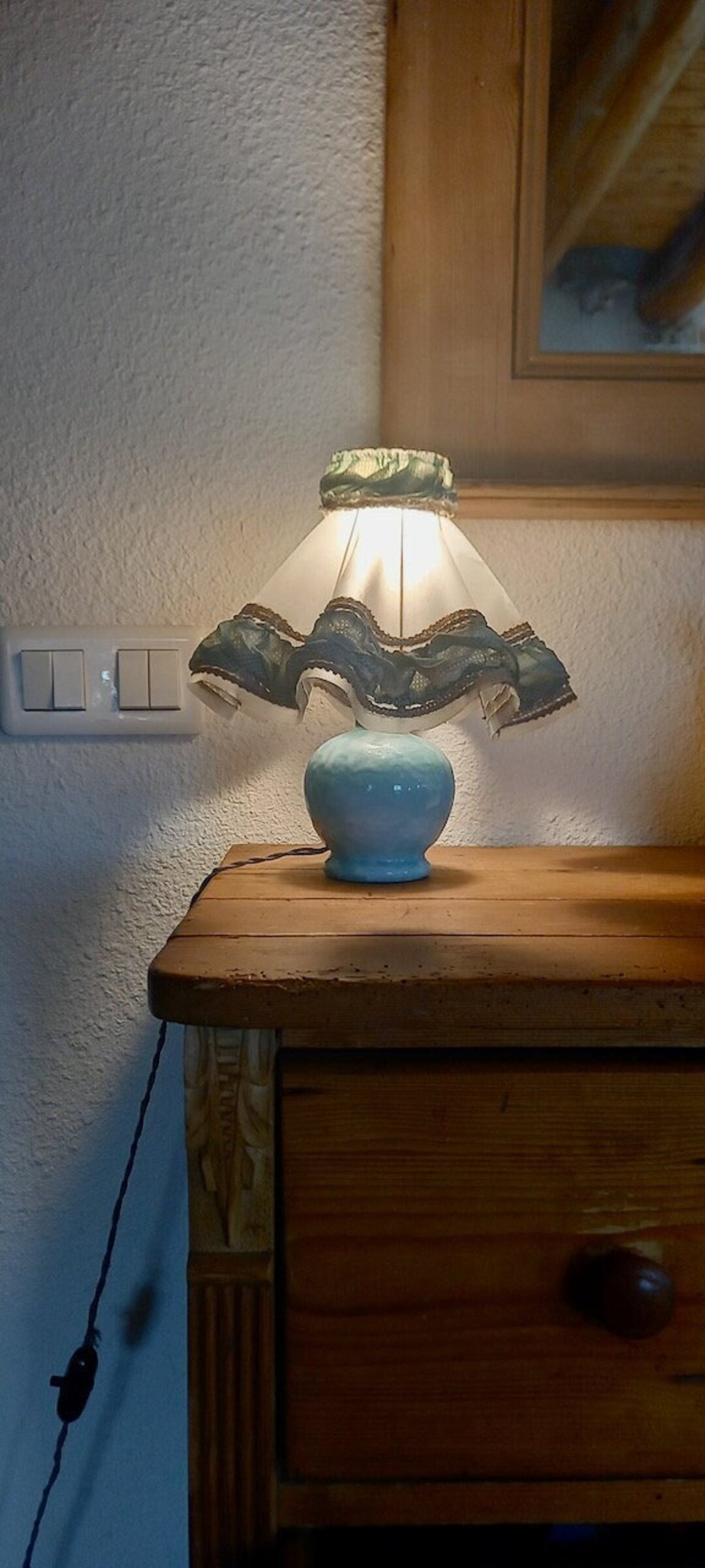 Imperfect Mid Century Baby Blue Table Lamp With Frilly Lampshade