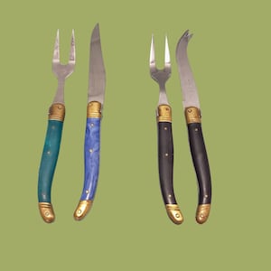 Vintage Laguiole Serving Flatware - Laguiole France - Cheese Knife & Fork - Laguiole Flatware - Back and Gold - Blue Green Laguiole