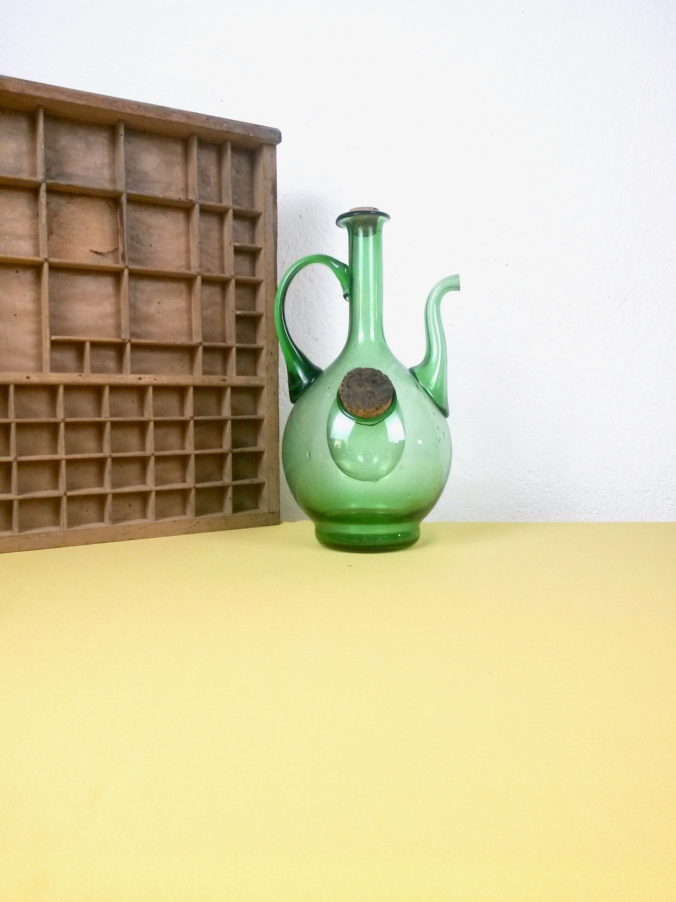 Carafe en Verre Soufflé à La Main - Bouteille avec Poche de Glace Vert Refroidisseur Boissons Verre 