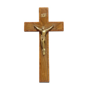 12&quot; Mid Century French Home Crucifix - Vintage Veined Wood Crucifix - Shiny Gold Christ - Elegant Religious Wall Hanging