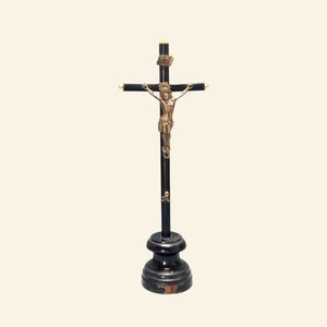 Antique 13”  Skull CrossBones Relic  - Authentic Antique Crucifix - Black Tube Crucifix Stand - Mantle Shrine - Prayer Cross France