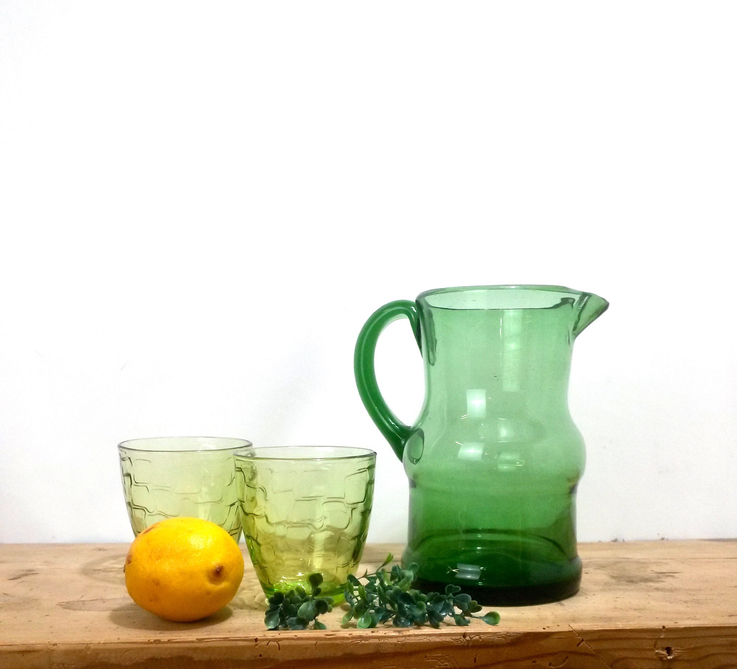 Pichet et Lunettes en Verre Vert - Vintage Cruche à Verser Verte Pichet Français Verres Eau Verte