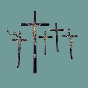 Lot of 5 Antique Skull n Cross Bones Crucifixes  - Authentic Antique Crucifixes - Black Tube Crucifix Stands - Imperfect Mantle Shrines