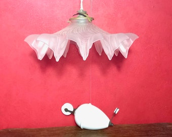 Complete Rise and Fall Lighting System France - Frilly Scalloped Ceiling Light - Industrial Ceiling Light - Frosty Glass Pulley Lighting