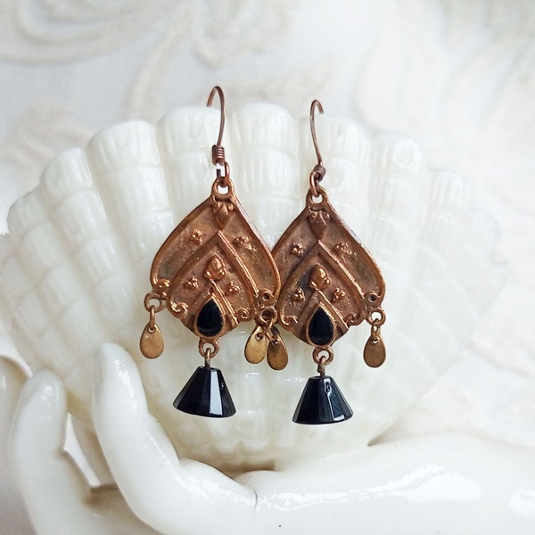 Turkish Style Earrings, Brass, Black Enamel, Black Drops