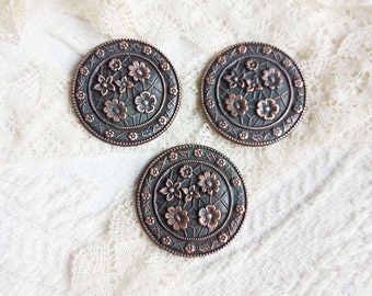Large Metal Floral Buttons x 3, Vintage, 3.6 cms