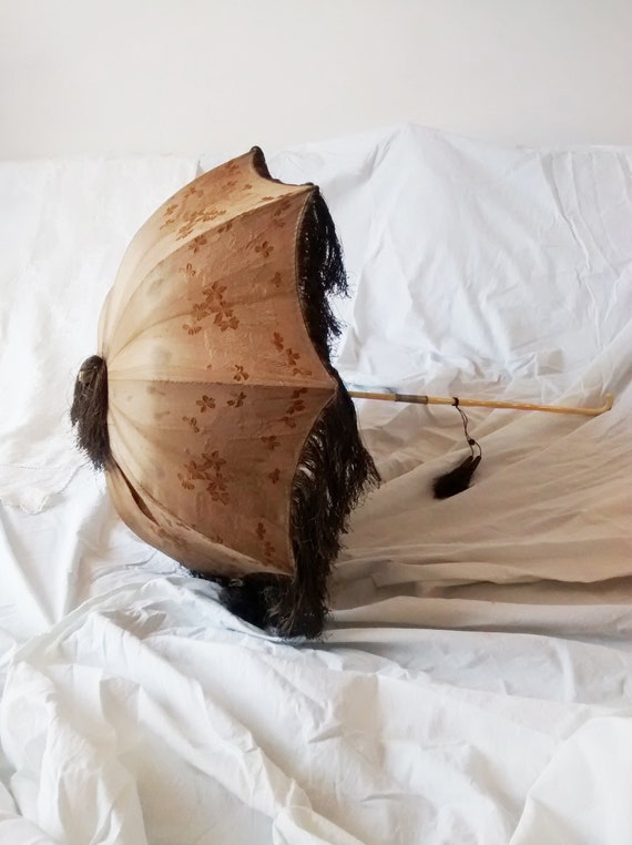 Antique Victorian Carriage Parasol, 1860s, Fringed