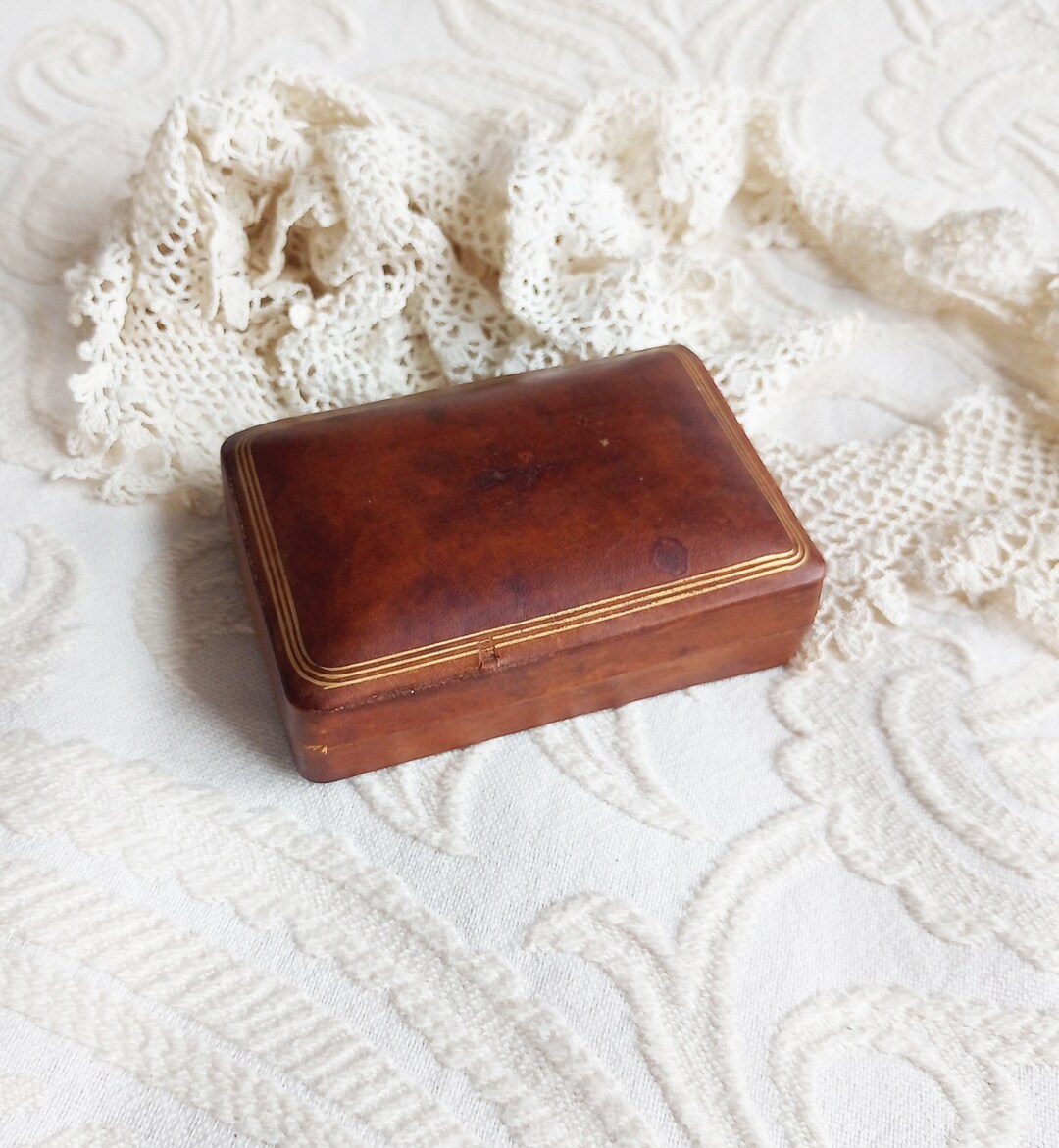 Écrin à Bijoux Ancien XIXe Cuir – France, Vintage Victorian Pour Boutons Et Bijoux