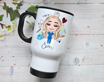 Personalised Caricature Nurse Travel Mug - Personalised Nurse Travel Mug - Newly qualified Nurse