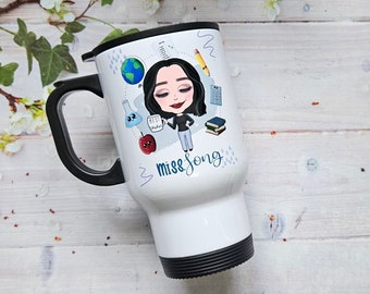 Personalised Caricature Teacher Travel Mug - Back to School Teacher Gift - Newly Qualified Teacher - End of School Teacher Gift