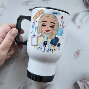Personalised Caricature Nurse Travel Mug - Personalised Nurse Travel Mug - Newly qualified Nurse - Trainee Nurse Gift