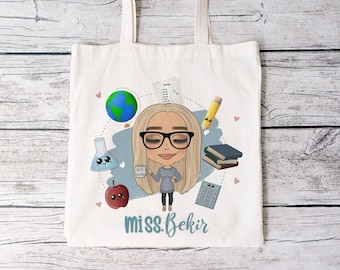 Personalised Caricature Teacher Tote Bag - Teacher Gift - Back to School - End of School Teacher Gift - Teaching Assistant Gift