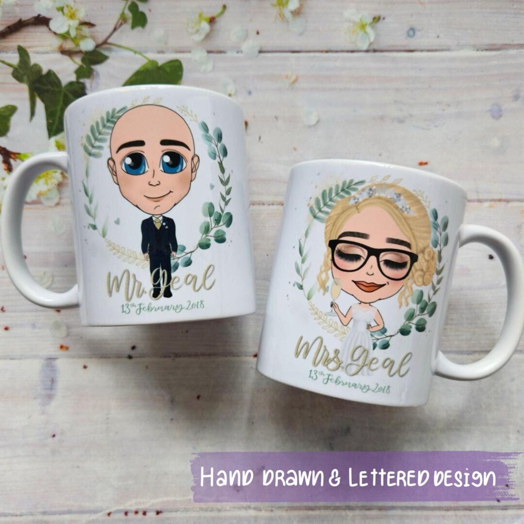 Bride and Groom Character Mugs - Mr and Mrs Mugs - Wedding Gift Mug Set ...