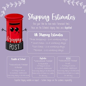 Puede incluir: Un buz&oacute;n de dibujos animados rojo con una cara feliz y las palabras "happy POST" en &eacute;l. La imagen tambi&eacute;n incluye texto sobre las estimaciones de env&iacute;o para el Reino Unido, Australia y los Estados Unidos.