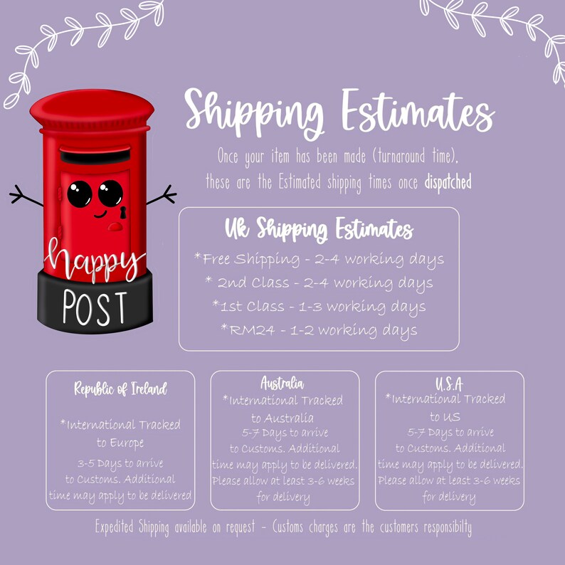 Puede incluir: Un buz&oacute;n de dibujos animados rojo con una cara feliz y las palabras "happy POST" en &eacute;l. La imagen tambi&eacute;n incluye texto sobre las estimaciones de env&iacute;o para el Reino Unido, Australia y los Estados Unidos.