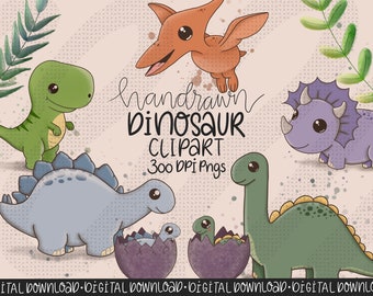 May include: A set of hand-drawn dinosaur clipart images. The set includes a green dinosaur, a blue dinosaur with spikes, a purple dinosaur with three horns, a green dinosaur with a long neck, and a brown pterodactyl. The dinosaurs are all cartoon-style and have big eyes. The text "handrawn Dinosaur CLIPART 300 DPI Pngs" is written in black at the top of the image.