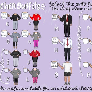 May include: A chart displaying 12 different outfit options for teachers. Each outfit is illustrated with a person holding a mug that says "Best Teacher". The outfits include a variety of colours and styles, including a red jacket, a grey sweater, a blue shirt, and a black dress. The chart is labelled "Teacher Outfits" and "Select the outfit from the drop down menu*"