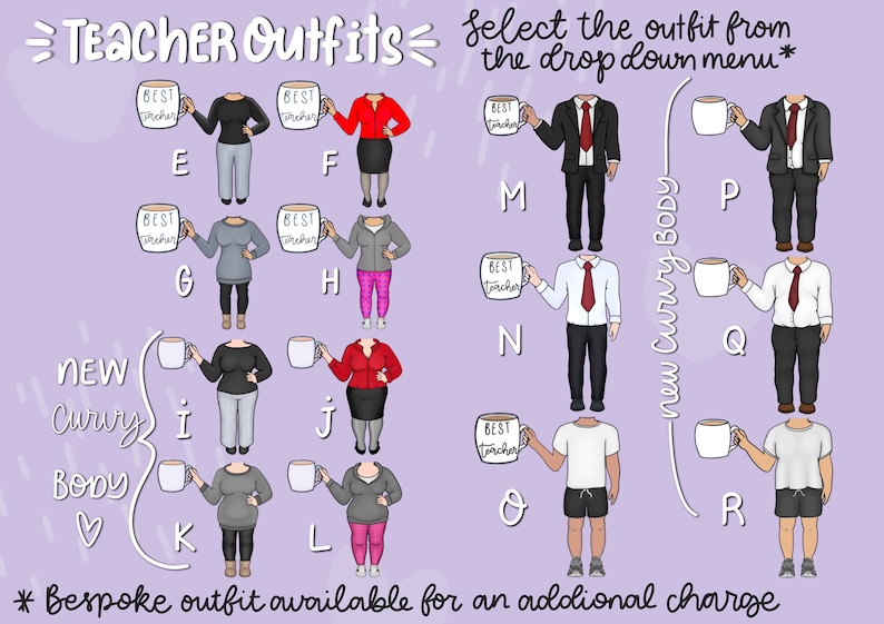May include: A chart displaying 12 different outfit options for teachers. Each outfit is illustrated with a person holding a mug that says "Best Teacher". The outfits include a variety of colours and styles, including a red jacket, a grey sweater, a blue shirt, and a black dress. The chart is labelled "Teacher Outfits" and "Select the outfit from the drop down menu*"