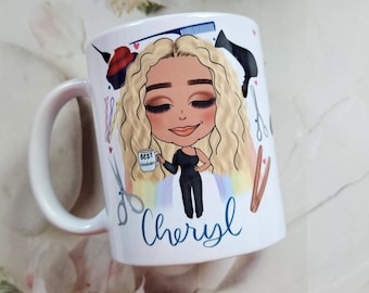 Personalised Hair Stylist Caricature Mug: Custom Hairdresser Gift
