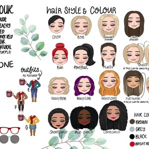 Puede incluir: Una ilustraci&oacute;n digital de un creador de avatares personalizable con opciones de tono de piel, color de labios, gafas, estilo de cabello, color de cabello y atuendos. La ilustraci&oacute;n incluye una variedad de estilos de cabello, incluyendo un mo&ntilde;o, una cola de caballo, trenzas, un bob ondulado, un lob ondulado, cabello largo ondulado, rizos cortos, rizos medios y rizos largos. La ilustraci&oacute;n tambi&eacute;n incluye una variedad de colores de cabello, incluyendo marr&oacute;n, gris, negro, rojo brillante y morado.