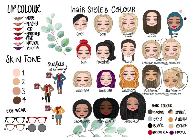 Puede incluir: Una ilustraci&oacute;n digital de un creador de avatares personalizable con opciones de tono de piel, color de labios, gafas, estilo de cabello, color de cabello y atuendos. La ilustraci&oacute;n incluye una variedad de estilos de cabello, incluyendo un mo&ntilde;o, una cola de caballo, trenzas, un bob ondulado, un lob ondulado, cabello largo ondulado, rizos cortos, rizos medios y rizos largos. La ilustraci&oacute;n tambi&eacute;n incluye una variedad de colores de cabello, incluyendo marr&oacute;n, gris, negro, rojo brillante y morado.