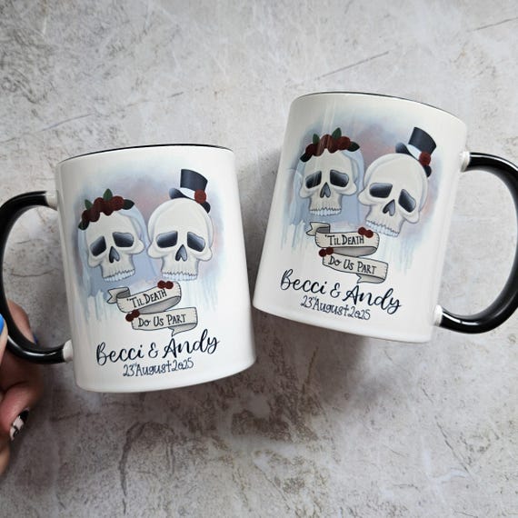 Skull Bride and Groom Mugs - Mr and Mrs Skull Mugs  - alternative Wedding Gift - Til Death Do us Part
