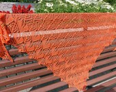 Bright lace knitted shawl. Knit triangular shawl, Orange boho wrap