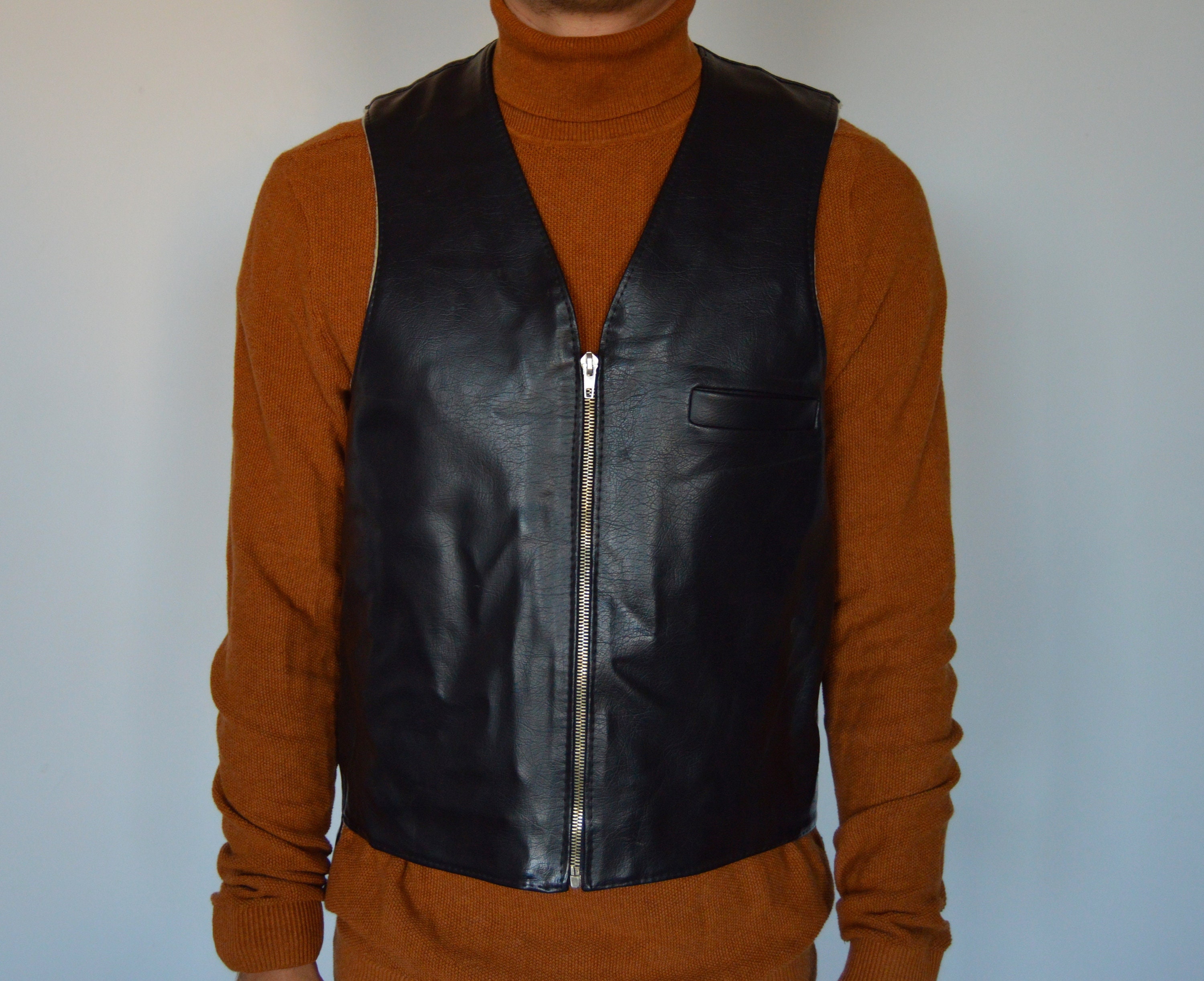 Vintage Black Zipped Men Vest Rocker Vest Size M Biker Waistcoat With ...