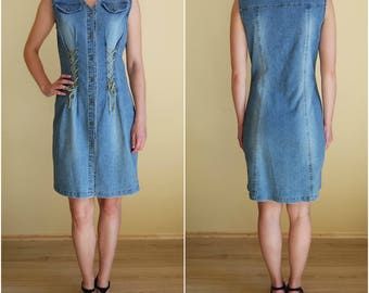 Vintage Blue Dress Button up Sarafan Jumper Cotton Dress Mini Sleeveless Dress Sarafan Summer dress Western Style