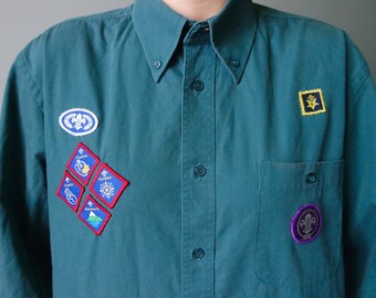 Vintage Boys/Mens Scout Shirt Sea Green Boy Scouts Emblems Badges Small Size