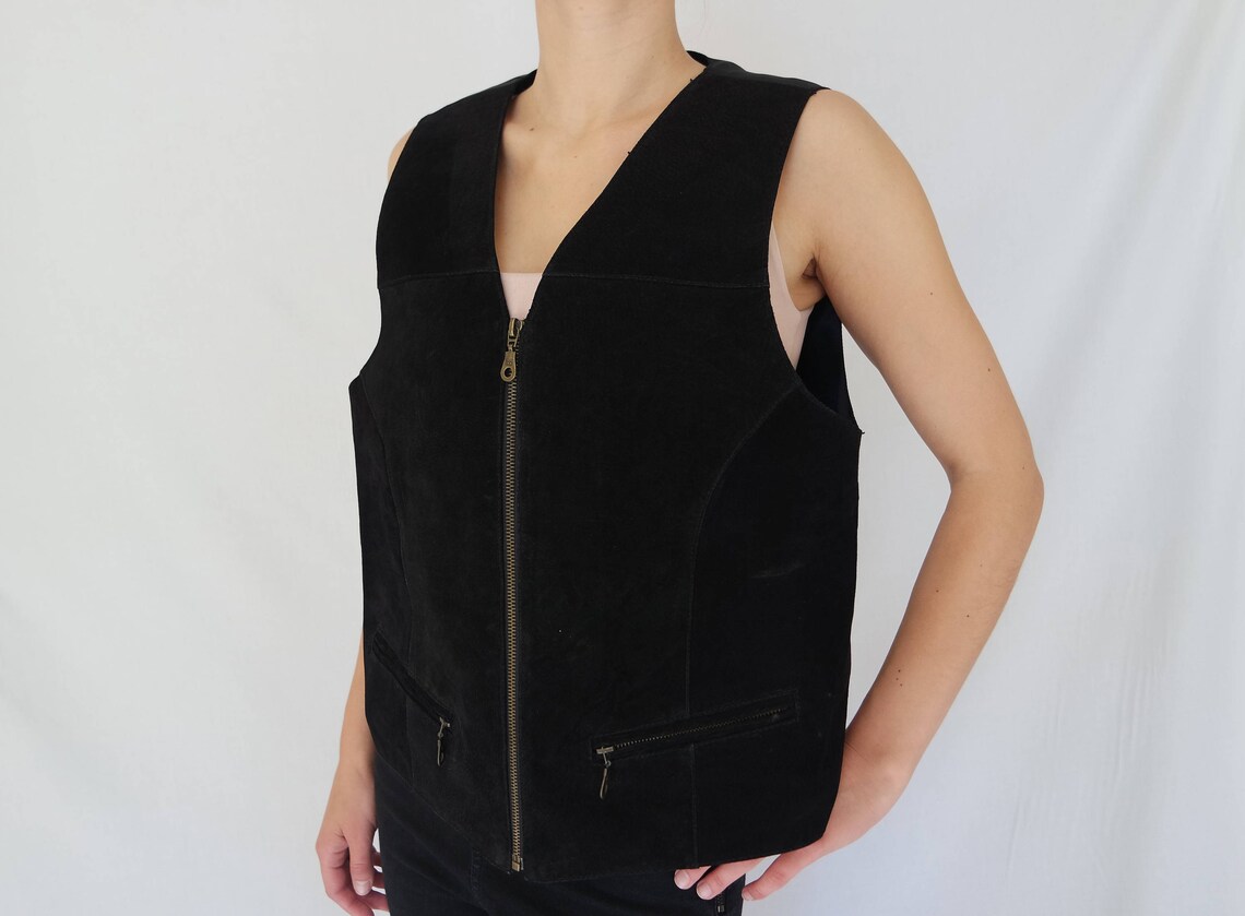 Vintage Black Leather Vest| 90s Genuine leather Vest| Minimalist Women's Boho vest|