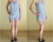 Vintage Striped Shortalls With Belt Summer Beautiful Overalls Embroidered Front Jersey Jumpsuit White And Blue Stripes One piece Size-M