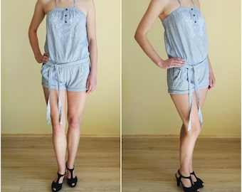 Vintage Striped Shortalls With Belt Summer Beautiful Overalls Embroidered Front Jersey Jumpsuit White And Blue Stripes One piece Size-M