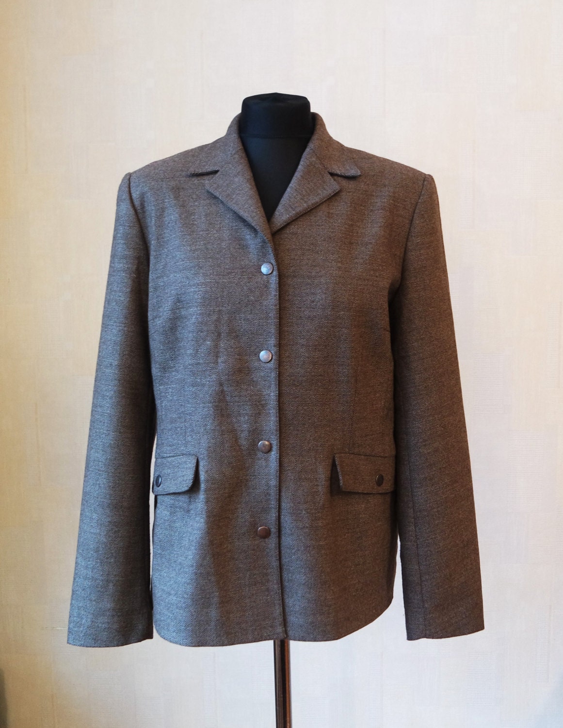 Classic Vintage Jacket Longsleeves Button Down Lined Brown Wool Jacket ...