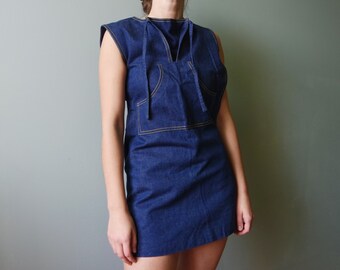 Vintage Denim Overalls Mini Dress Sarafan Overalls Miniskirt Minidress Jeans Dress Boho One piece Bright Blue Small size