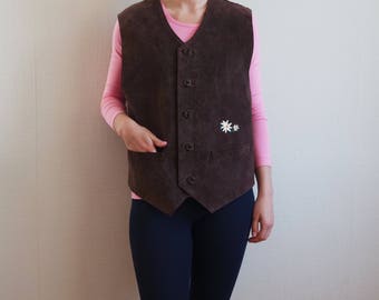 Suede Leather Men's Vest Dark Brown Suede Leather Western Vest Vintage Country Cowboy Waistcoat With Embroidered Flowers Medium Size