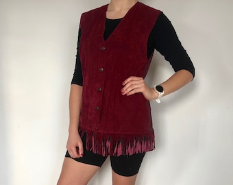 Vintage Fringe Red Waistcoat Women's Vest With Fringe Sleeveless Light Weight Cardigan Boho Vest Size M - L