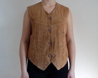 Suede Leather Woman Vest Camel Brown Suede Leather Waistcoat Vintage Country Cowboy Western Waistcoat