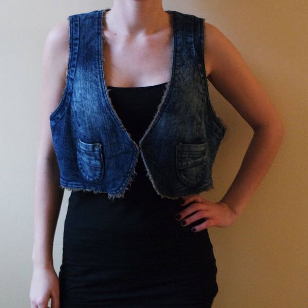 vintage Denim Vest Blue Jeans Jacket Dyed effet Faux Fur inside vintage Denim Short Vest Vestern Hippie Grande taille