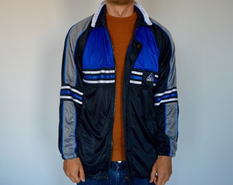 ADIDAS Vintage Sport Jacket Three Stripes Black, Grey, Blue, White Medium/Large Size Adidas Original Sports Wear