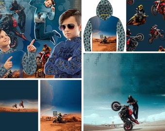 3 Panels Motorcycles Motorcross Bikes French Terry Sewing for Boys and Girls Children's Clothing Hoodis Shirts Jackets 0,75mx1,50 m Art 3071