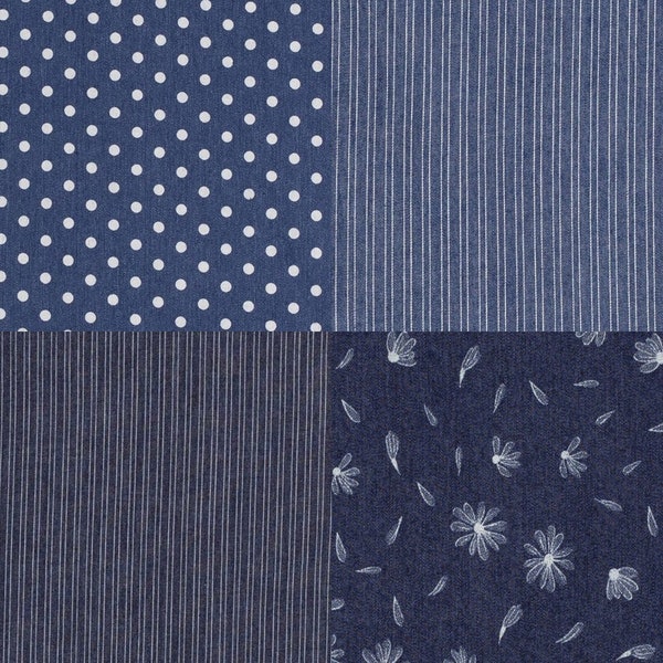 Jeansstoffe Blüten Punkte Streifen Stoffe blau hellblau gemustert denim fabrics for sewing pants shirts 0,50m Art 3188